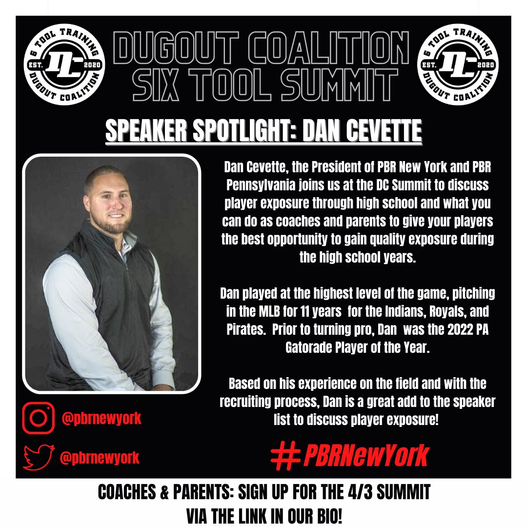 DugoutCoalition's tweet photo. Excited to have @DanCevette on stage for the DC Summit this year! Dan brings MLB experience alongside his time with @PBRNewYork &amp; @PBRPennsylvania! 

Should be a great listen for all parents and coaches of HS players looking to learn about player exposure! 

#dcsummit https://t.co/DRCuIY92gR