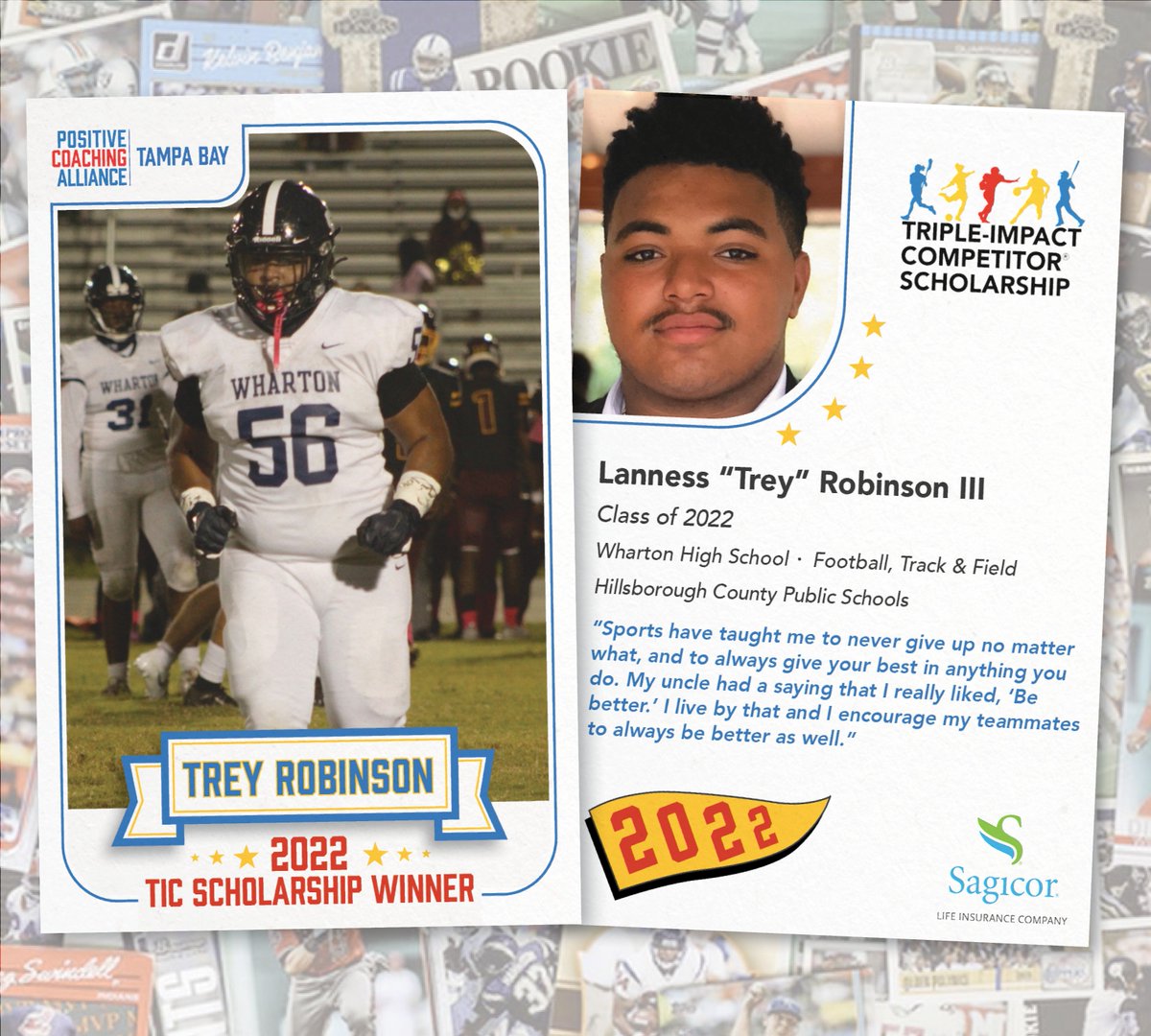 PCA_TampaBay's tweet photo. Our next Class of 2022 Triple-Impact Competitor® Scholarship winner is Trey Robinson who participates in football and track &amp; field at @WhartonWildcats (@HillsboroughSch)! Thank you to @SagicorLifeUSA for your continued support of this program! #TripleImpactCompetitor https://t.co/AiInh1EGpD