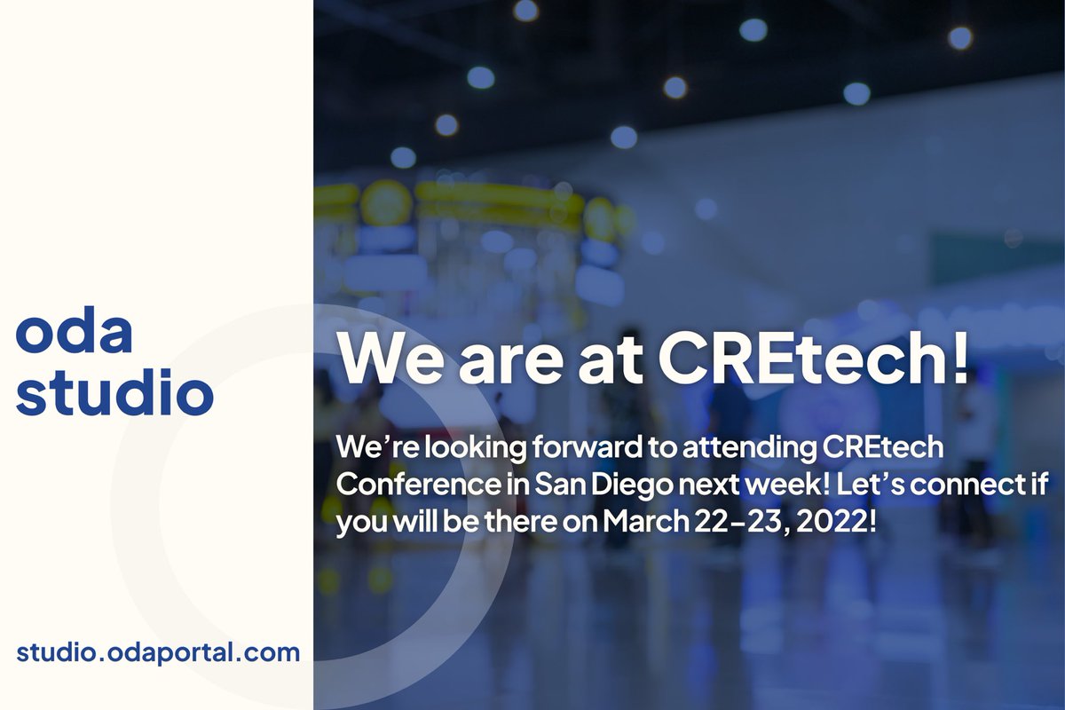 odastudioapp's tweet photo. We’re looking forward to attending CREtech Conference in San Diego next week! Let’s connect if you will be there on March 22-23, 2022! 

#cretech #odastudio #sandiegocre #CREtechSanDiego2022 #realestate #proptech https://t.co/Z4TQhGRcmB