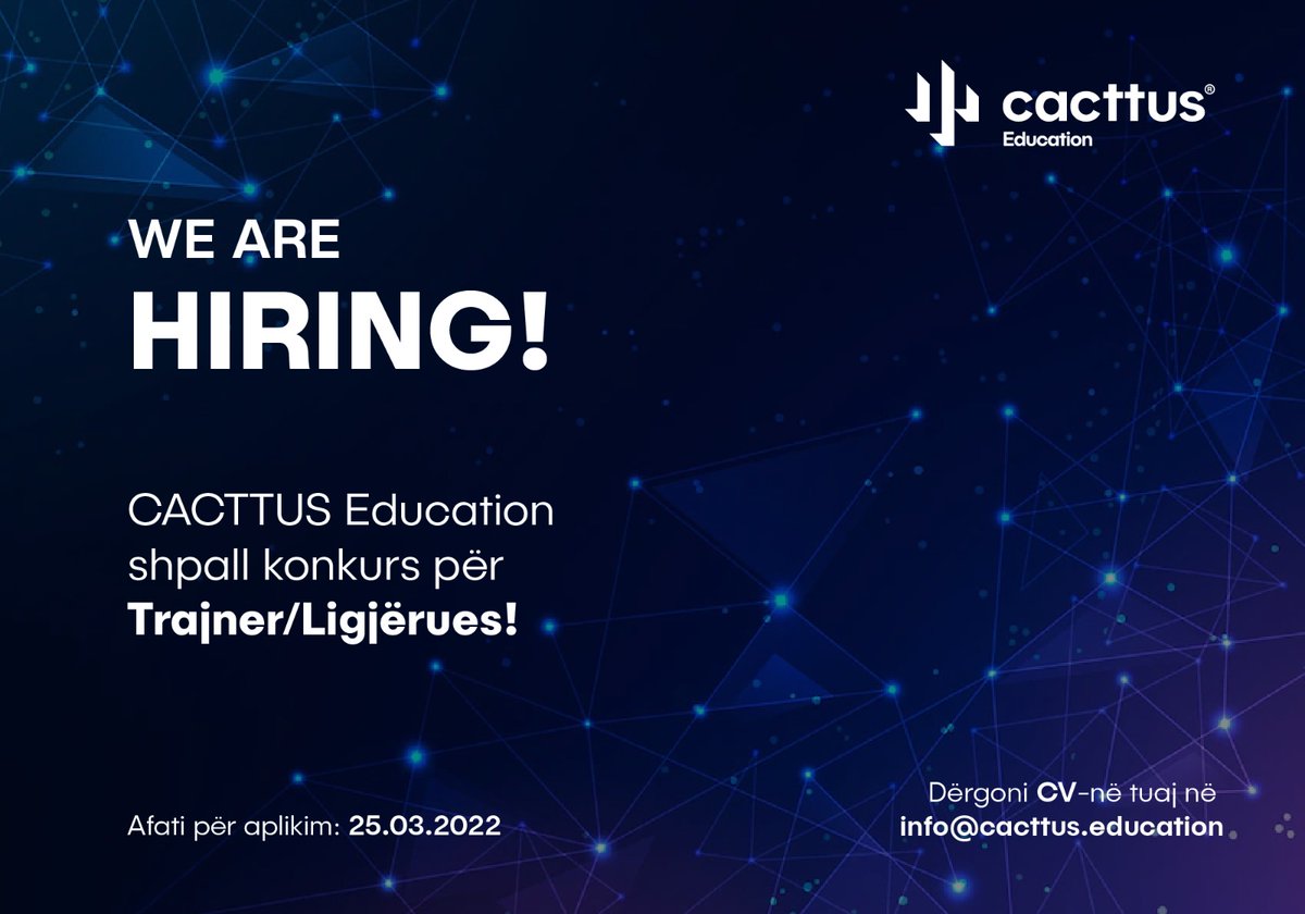 cacttusedu's tweet photo. We are hiring! 📣

CACTTUS Education shpall konkurs për Trajner/Ligjërues!

Klikoni në linkun më poshtë për të gjitha detajet rreth konkursit.  
https://t.co/lKSOX3Q2aR https://t.co/gSFZHvbdtj
