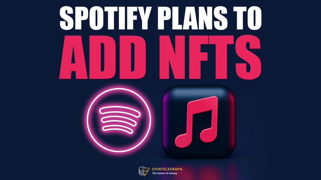 Cointelegraph's tweet photo. Bullish news! Spotify intends to add NFTs. 

Spotify is drawing up plans to add blockchain technology and non-fungible tokens to its streaming service. https://t.co/7znzr3Utxf