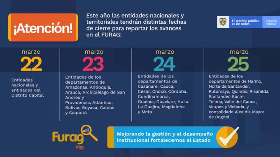 DAFP_COLOMBIA's tweet photo. Conozcan las fechas para el diligenciamiento del #ReporteFURAG 👉🏽 https://t.co/wSEFijluKK https://t.co/wFnLiaZjah
