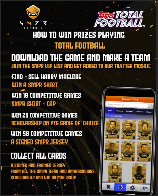 SMPR_esports's tweet image. PLAY @totalfootballgm, WIN PRIZES.

Earn rewards as part of the @SMPR_guild by completing the challenges…

🔴 Signed Maguire merch 
🤝 SMPR gear 
🔐 VIP access

Download now ➡️ onelink.to/6bne5f