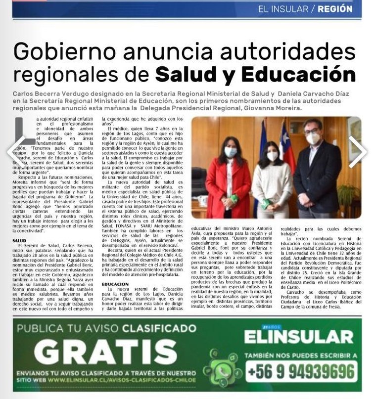 seremisalud10's tweet photo. [Prensa] 🗞"Gobierno anuncia autoridades regionales de Salud y Educación" destaca en su edición de hoy #ElInsular

🔹El seremi de Salud, Carlos Becerra, inició sus palabras señalando que ha trabajado 20 años en la salud pública en distintas regiones del país

#SigamosCuidándonos https://t.co/GeyP7kL8nj