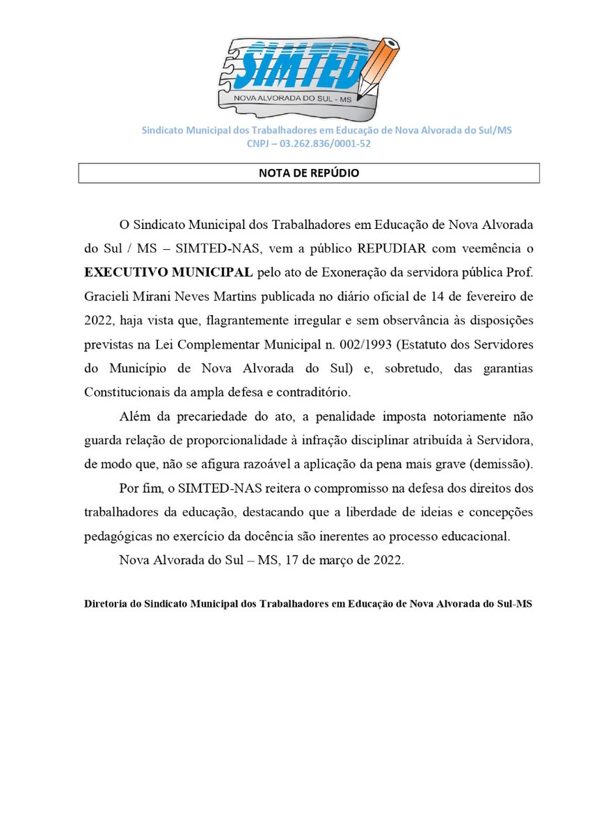 fetems's tweet image. O Sindicato Municipal dos Trabalhadores em Educação de Nova Alvorada do Sul / MS – SIMTED-NAS, vem a público REPUDIAR com veemência o EXECUTIVO MUNICIPAL pelo ato de Exoneração da servidora pública Prof. Gracieli Mirani Neves Martins.