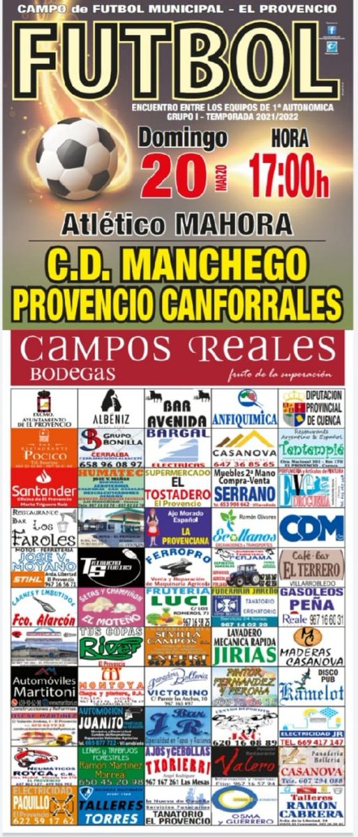 El domingo a las 17:00, vuelve el fútbol al Municipal, nos visita el <a href="/AtcoMahoraInfo/">Atlético Mahora</a> en lo que será la vigésimo cuarta jornada de liga.
6 finales restan para el final del campeonato, y queremos aspirar a todo. 
Os esperamos y os necesitamos AFICIÓN!! 
AÚPA MANCHEGO!! 
Todo al🟡⚫