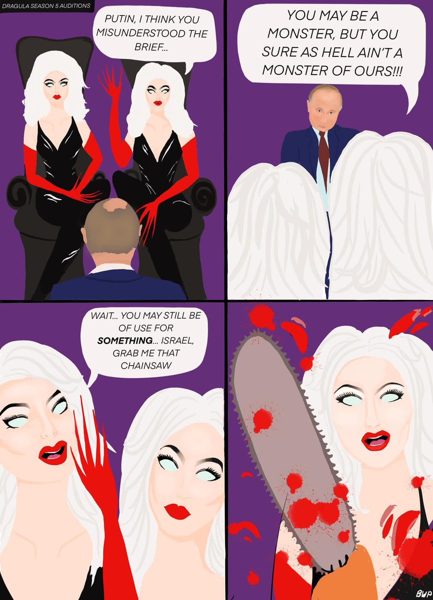 BronwenPhoenix's tweet photo. I drew this because the @bouletbrothers killing Putin with a chainsaw just feels like the kind of content we all need right now. 

#BouletBrothers #Dragula #Putin #Ukraine #BouletBrothersDragula https://t.co/9fmPTRHF45