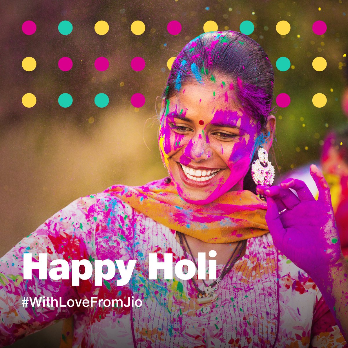 Spreading smiles and colours since 2016. Happy Holi #WithLoveFromJio  #JioDigitalLife #HappyHoli, image size:1200x1200