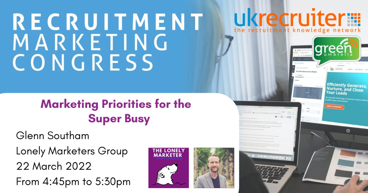 💥#Recruitment Marketing Congress💥
22 March 2022
From: 1:00 - 5:30pm

Wrapping up the event is Glenn Southam of <a href="/LonelyMarketers/">The Lonely Marketers</a>. Joining us from 4:45 to 5:30pm GTM. Sharing, Marketing priorities for the Super Busy.

Register👉🏻
ukrecruiter.co.uk/recruitment_ma…

#recruiting #ukrecruiter