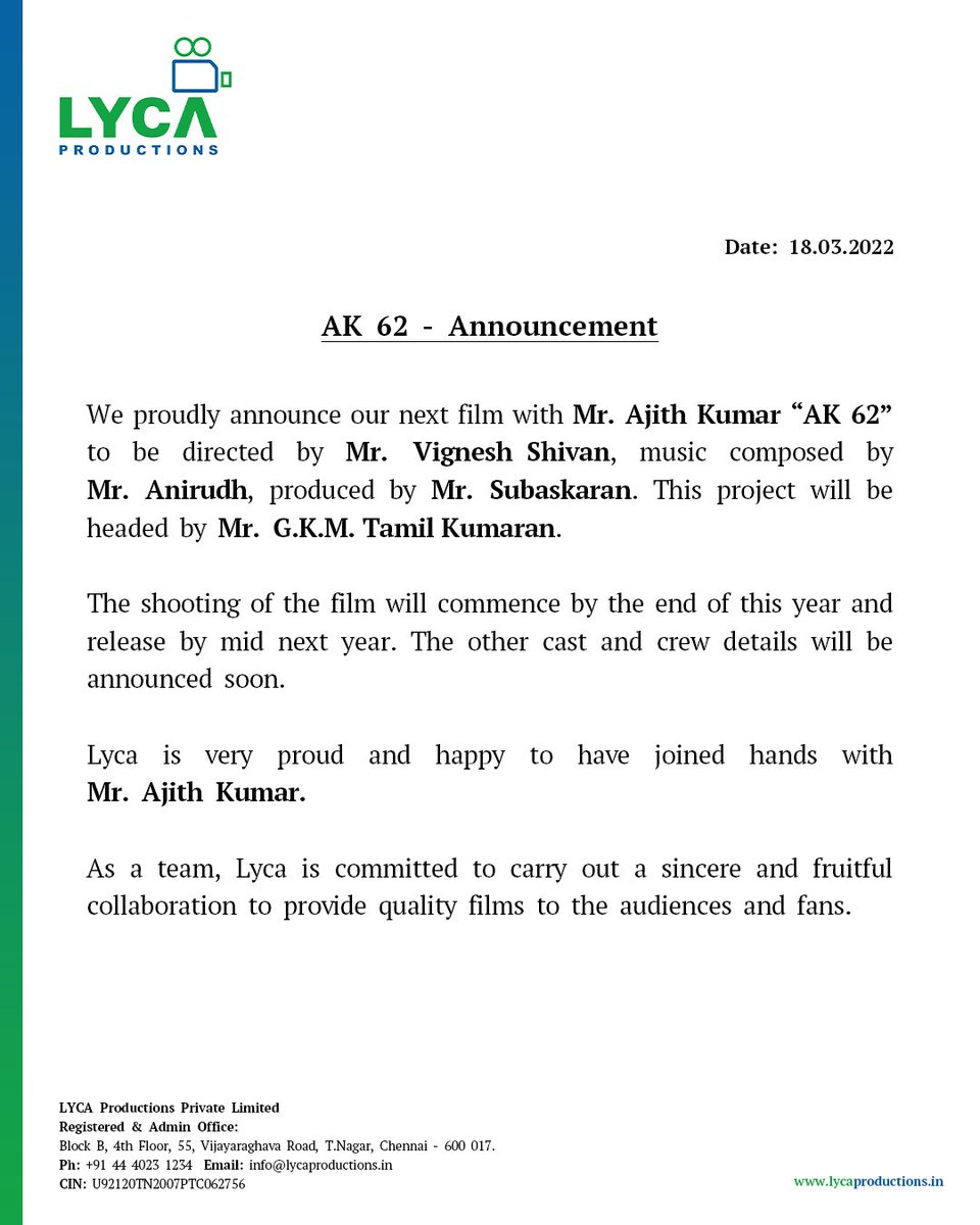 OFFICIAL

#AjithKumar's 62nd film [#AK62] to be directed by Vignesh Shivan and produced by Lyca Productions. 

An Anirudh musical. 

#AK62WithLycaProductions