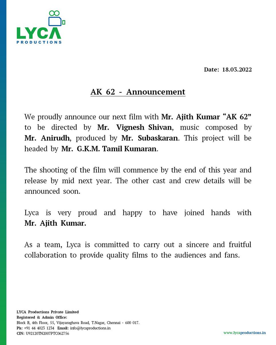 Excited to score for AK sir again in #AK62 🥳🥳🥳 A @VigneshShivN directorial will always be a musical special ❤️❤️❤️ @LycaProductions onwards and upwards 😃😃😃