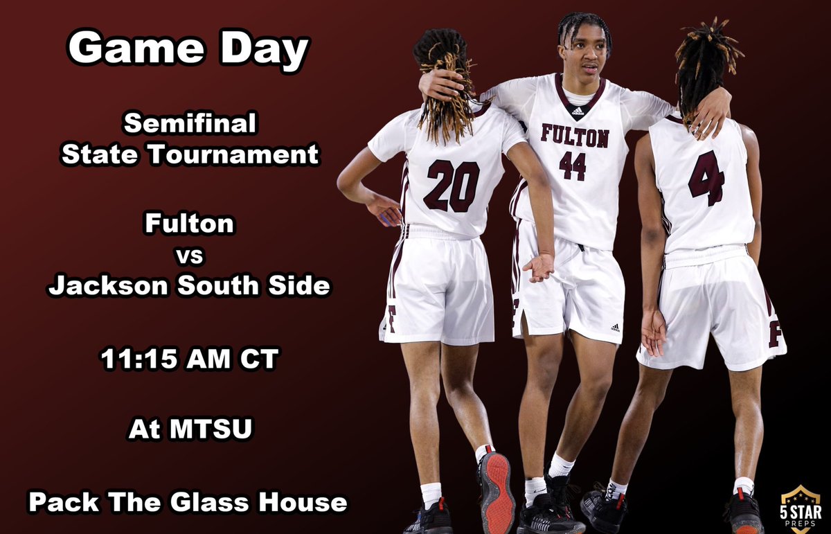 FultonBBall's tweet photo. It’s game day for your Falcons!
Semifinals
State Tournament
Fulton VS Jackson South Side
At MTSU
Game time: 11:15 AM CT
Come out and support your falcons at the glass house!
#fultonhoops #FultonFamily
#PackTheGlassHouse https://t.co/VTKb2pwd99