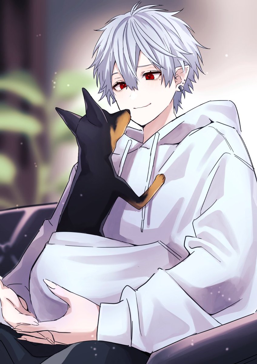 kuzuha (nijisanji) 1boy male focus red eyes pointy ears hood hoodie cat  illustration images