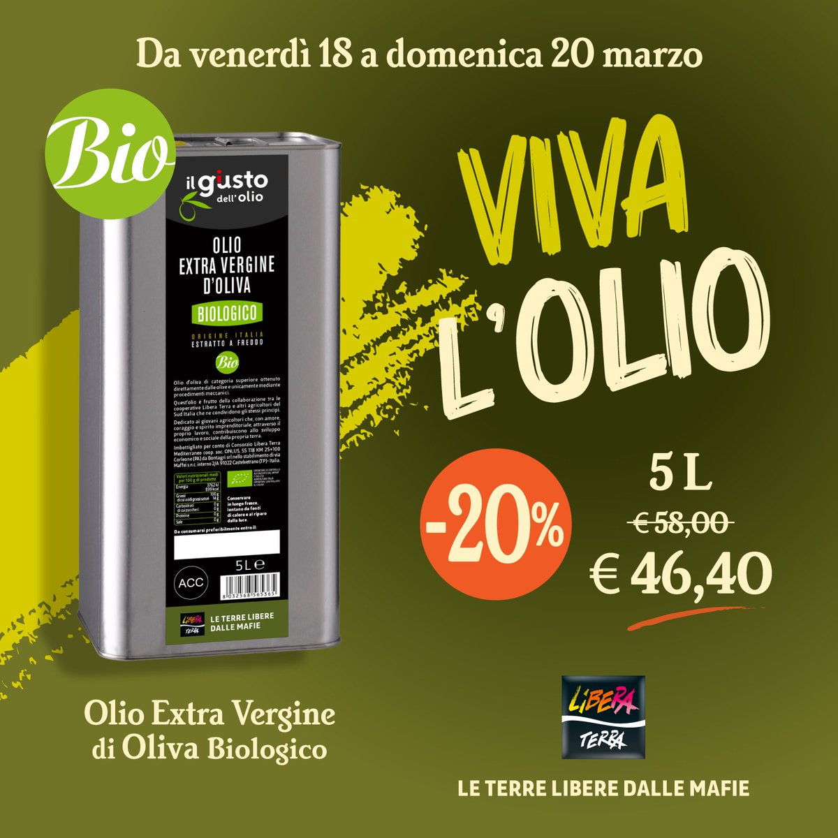 LiberaTerra's tweet photo. Solo fino a domenica 20 marzo, sconto del 20% sull’Olio Extra Vergine di Oliva Biologico #LiberaTerra in latta da 5L.
Disponibile su: https://t.co/giOolp01hi
#food #instafood #sud #italia #madeinitaly #bio #biologico #oliobio https://t.co/G7ot98dOm8