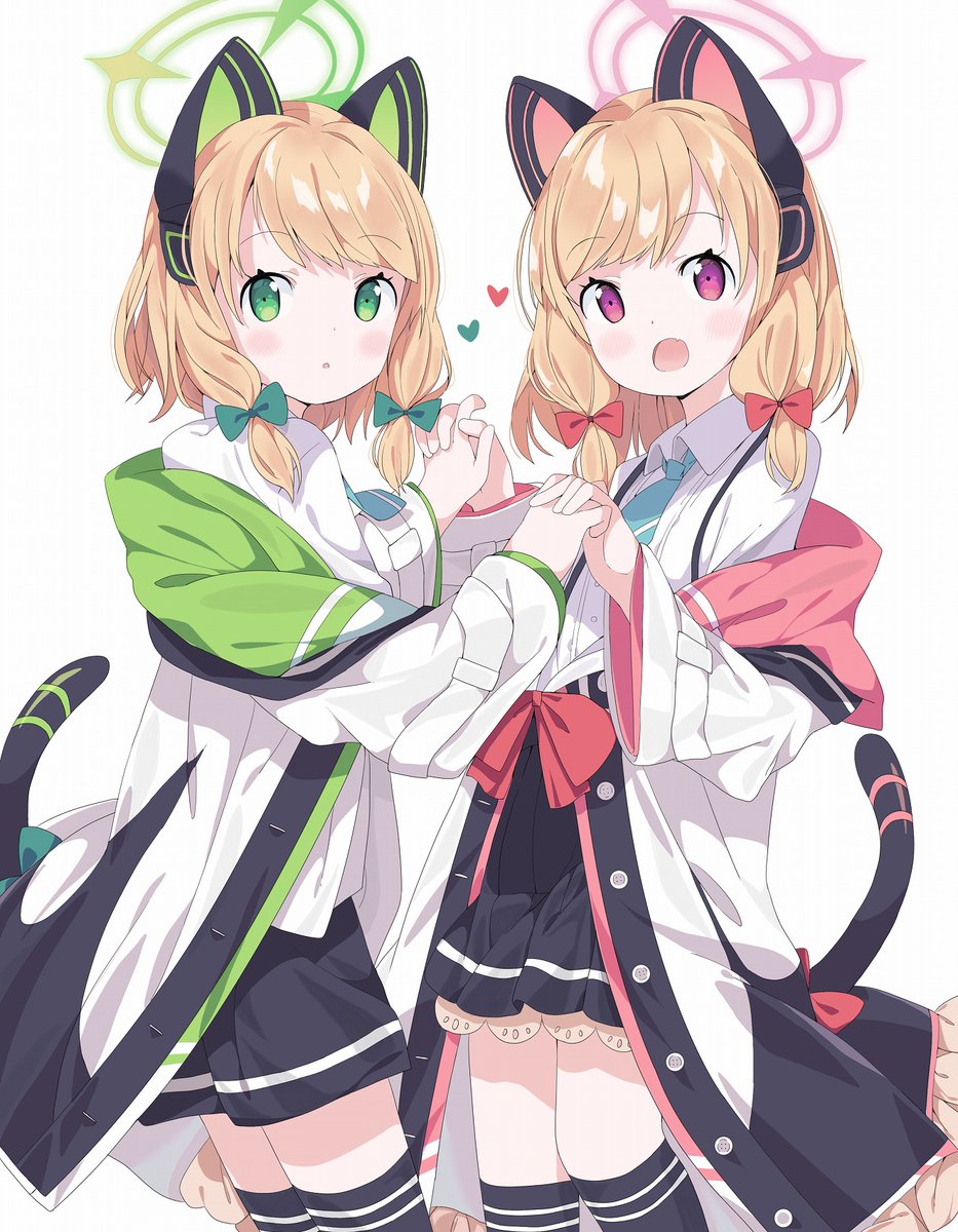 midori (blue archive) ,momoi (blue archive) multiple girls 2girls animal ears green eyes animal ear headphones fake animal ears tail  illustration images