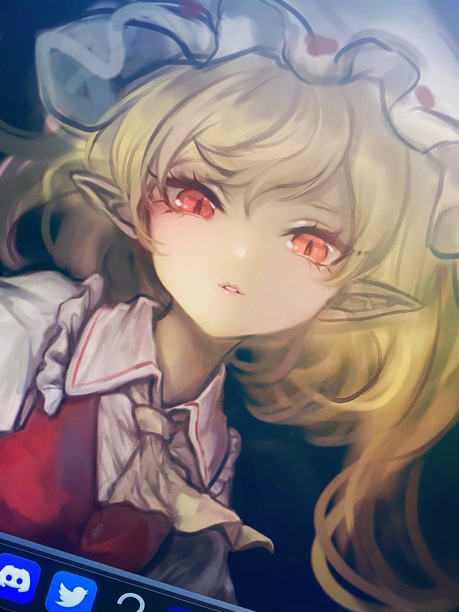 flandre scarlet 1girl solo hat blonde hair mob cap pointy ears red eyes  illustration images