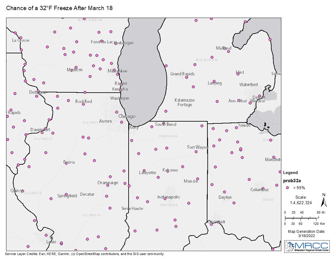 Recent warmup has people anxious to get outside &amp; let #spring2022 begin. Had a report today of soybeans being planted in Clinton County, IN. This is not advised. Be informed w/ MRCC VIP Freeze Probability Maps ⤵️ 
mrcc.purdue.edu/gismaps/freeze… (Image: 99% chance of freeze after Mar 18)