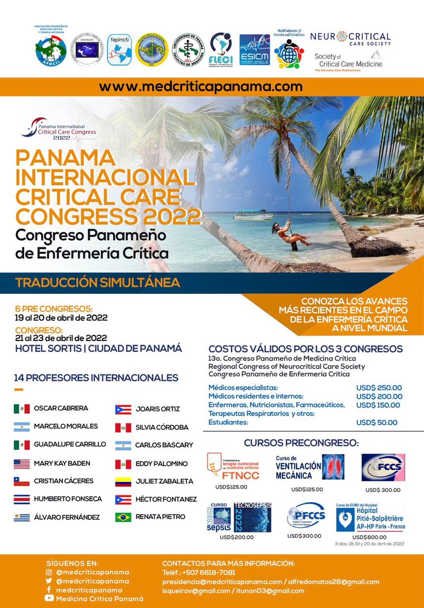 La Sociedad Panameña de Medicina Crítica celebra el próximo abril tres congresos simultáneos: el Panameño de Medicina Crítica, el Regional de Cuidados Neurocríticos y el Panameño de Enfermería Crítica. Tienes toda la info. en medcriticapanama.com #panamá #medicinaintensiva 🇵🇦