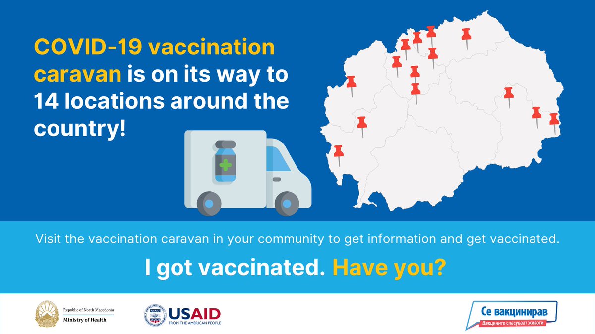 <a href="/ZdravstvoMK/">Министерство за здравство</a> with support from <a href="/USAIDNMacedonia/">USAID North Macedonia</a>,  <a href="/WHOMKD/">WHO North Macedonia</a> and UNICEF is launching a🚐#COVID19 vaccination caravan. Citizens will be able to get latest information and get #vaccinated. First two locations:
📌Skopje fb.me/e/1I1rbLFVl
📌Kratovo fb.me/e/1CdKxGmNv