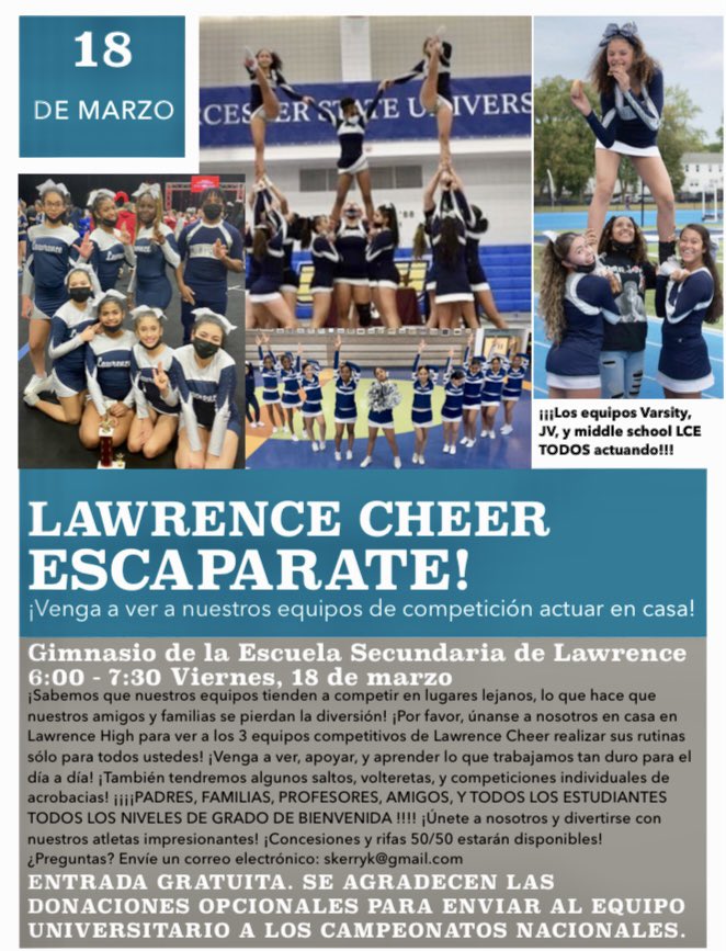 <a href="/Lawrence_LHS/">Lawrence HS Campus</a> Cheer showcase at the campus tonight! 📣