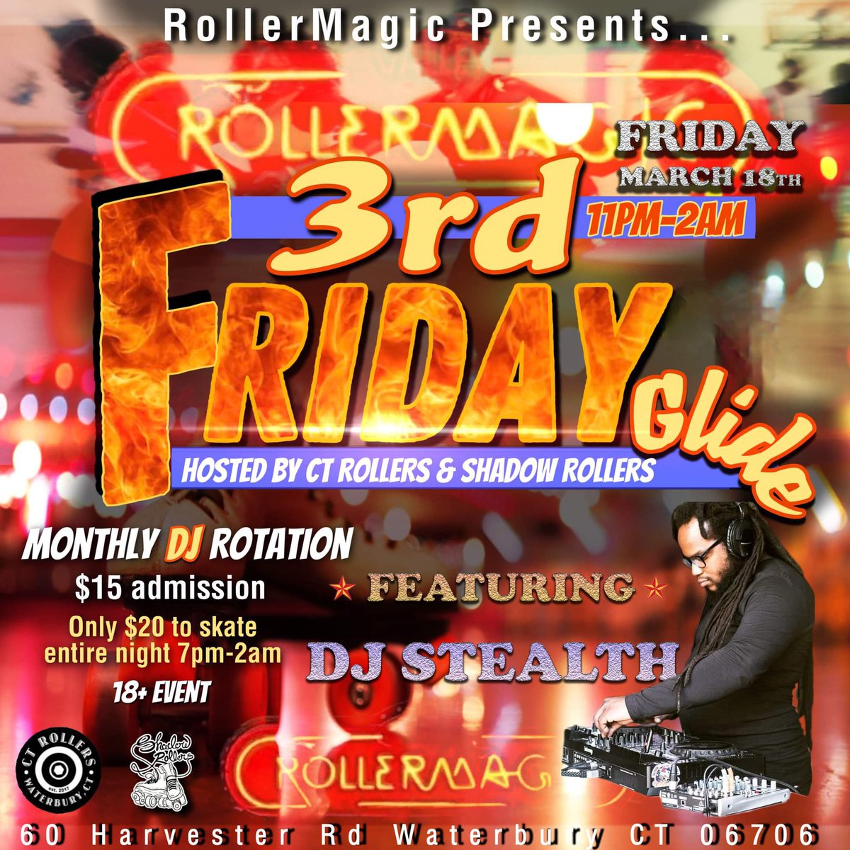 RollerMagicLLC's tweet photo. Tonight Friday March 18th - First up - All Ages Skating from 7pm-11pm with DJ Jamie Martin then 18+ event from 11pm-2am with DJ Stealth! Don’t miss it! https://t.co/tRRrY4DJwD https://t.co/6GpVdquaKl