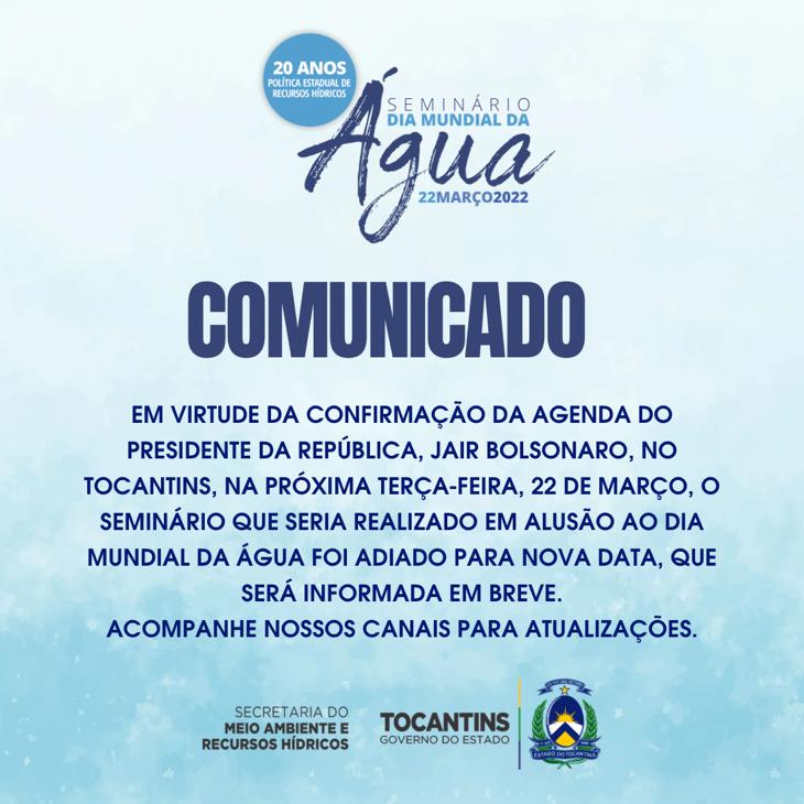 MeioAmbienteTO's tweet photo. ⚠️ Atenção: Comunicado Importante ⚠️

📢Seminário que seria realizado em alusão ao Dia Mundial da Água foi adiado em virtude da vinda do presidente Bolsonaro ao Tocantins. A nova data será divulgada em breve. https://t.co/9PPG99patv