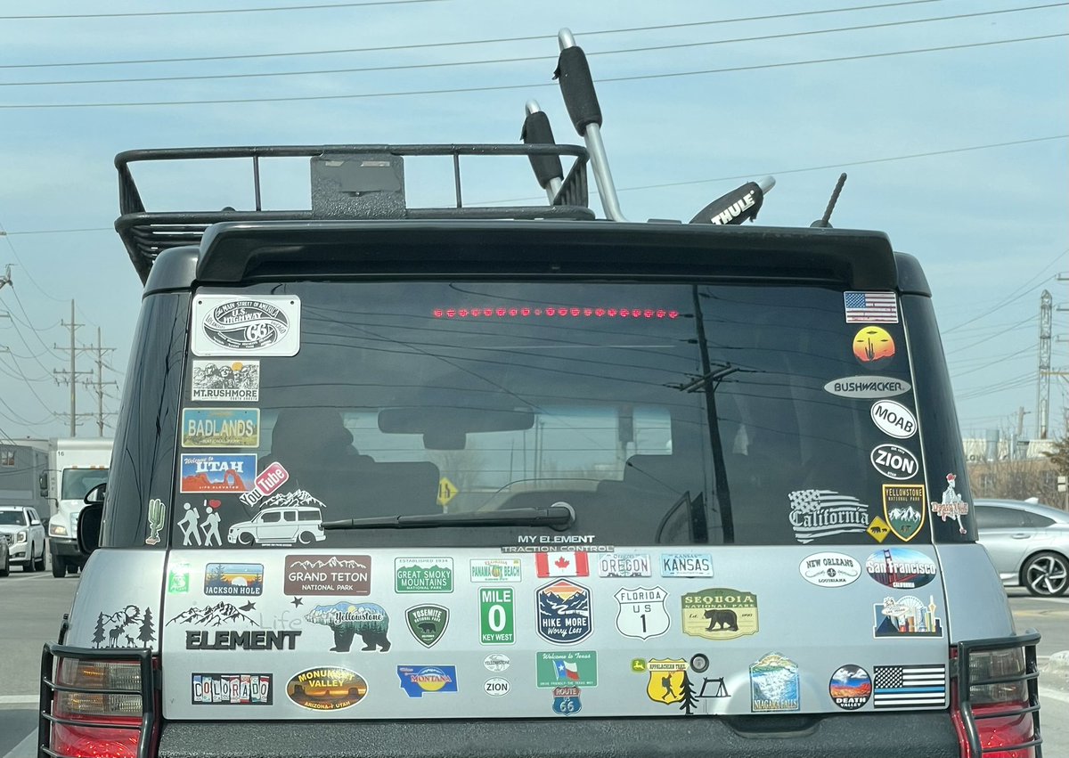 Car_Guy_Tom's tweet photo. Wait! Does @Robby_DeGraff own an Element, and is he super into stickers? #overstickered #HondaElement #CarSpotter https://t.co/eEAIcsOjrC