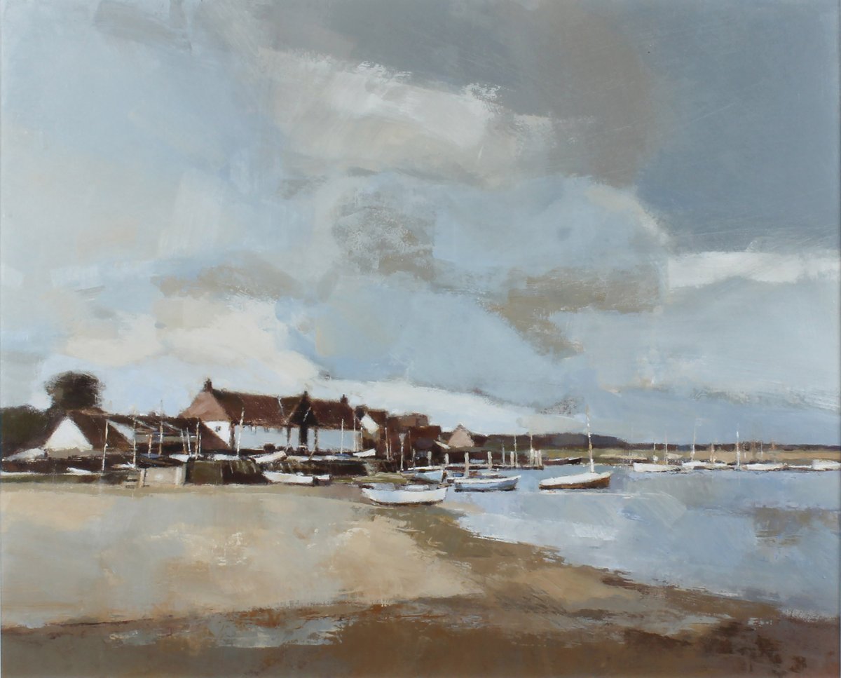 Burnham Overy Staithe by John Newland, now on display at Mandell's Gallery.