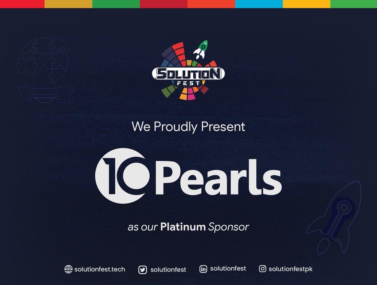 solutionfest's tweet photo. We proudly announce @10PearlsPK as our Platinum sponsor for SolutionFest. 10Pearls is an award-winning digital development company, helping businesses with product design, development, and technology acceleration. https://t.co/CrqzfQ1v23