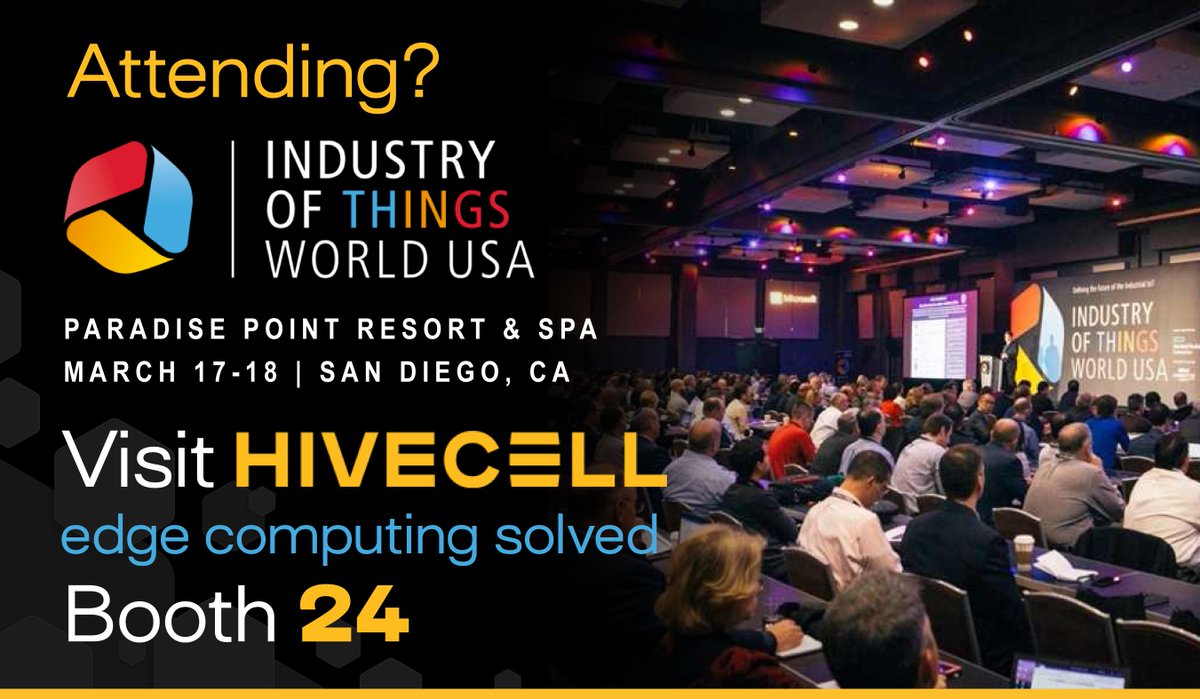 Visit Hivecell at the #IndustrialofThingsWorld in San Diego! Stop by booth #24 to learn how processing, analyzing &amp; storing data at the #edge provides a plethora of services, real-time insights &amp; revenue streams. #industrialofthingsworld #industrialofthings #iot #edgecomputing