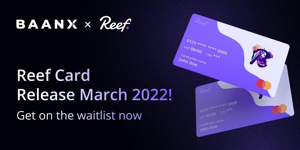 BaanxGroup's tweet photo. Baanx and @ReefDeFi  partnership card is coming!

Read the full details over on Reef's blog 👇

https://t.co/jRlmHOXpHE…

 #MasterCard #Crypto #Reef #Baanx #cryptocommunity #crypto https://t.co/F6ozOxIP57