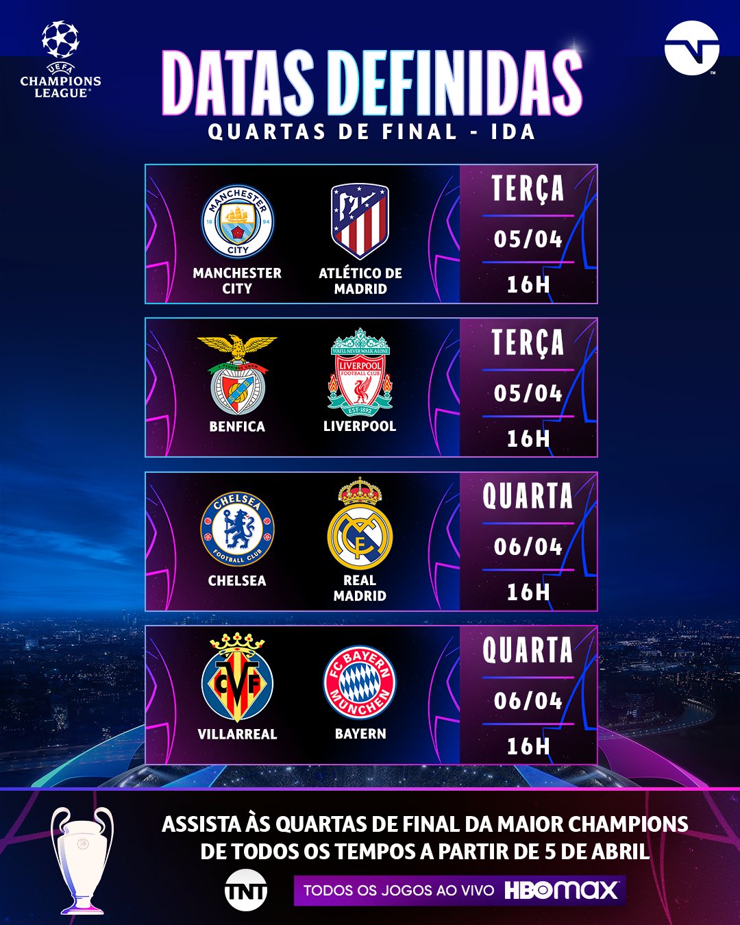 TNT Sports BR on X: TUDO DEFINIDO! 🏟️📆 Habemus confrontos, datas e  horários das quartas de final da MAIOR Champions de todos os tempos! 🤩  Você vê TODOS os jogos com a