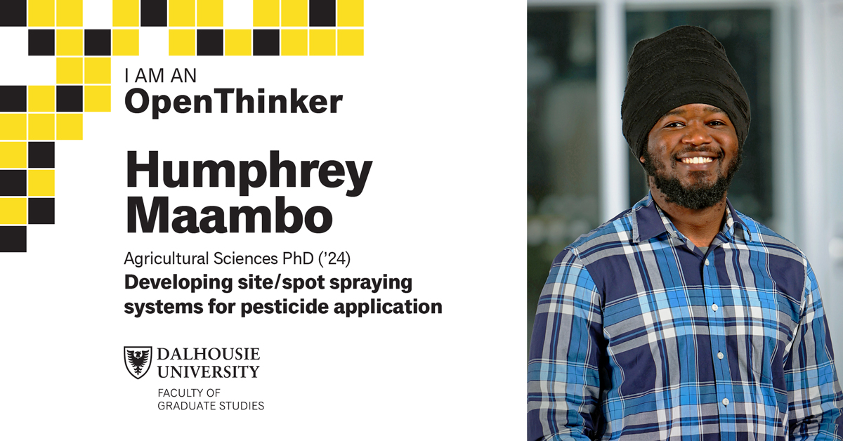 DalOpenThink's tweet photo. Meet Agricultural Sciences PhD student Humphrey Maambo (@humphrey_maambo), one of 15 new OpenThinkers. Humphrey’s research explores more intelligent methods of pesticide application. 🚜 Read his first blog post at https://t.co/ywRH43i69k https://t.co/VWIVejLhku