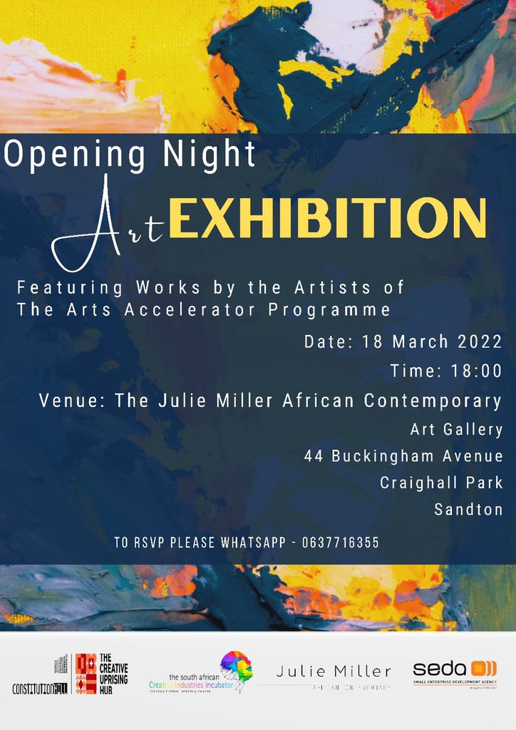 SACreative_Ind's tweet photo. JOIN IS TONIGHT AT THE VISUAL ARTS EXHIBITION HOSTES BY @art_juliemiller ๐ฅ๐ผ
-Starts at 18:00 at the Julie Miller African Contemporary Art Gallery
SEE YOU THERE!!๐
โข
โข
#arts #sacii #normalisingaccess #artsgallery #gauteng https://t.co/OQDRGghnLp
