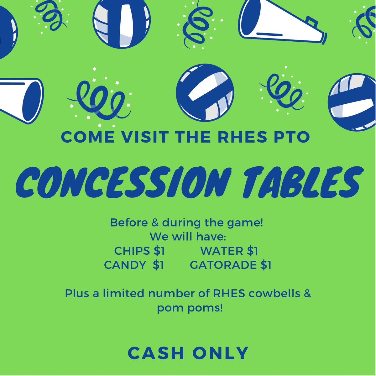 🏐Tonight is the big game!! Let’s go Bears!

🔵Look for the green &amp; blue tables for snack concessions!

🟢Cash only please