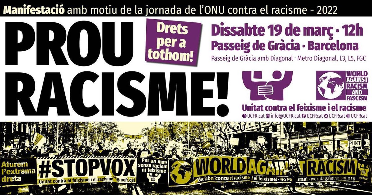 ConfluenciaJove's tweet photo. Assistirem a la manifestació "Prou Racisme" amb motiu del dia contra el racisme per demanar drets per a tothom, sense discriminació i amb la diversitat per bandera.

🕒 12:00h
📅 Dissabte, 19 de març
📍Passeig de Gràcia, Barcelona https://t.co/ombjEhuL0h