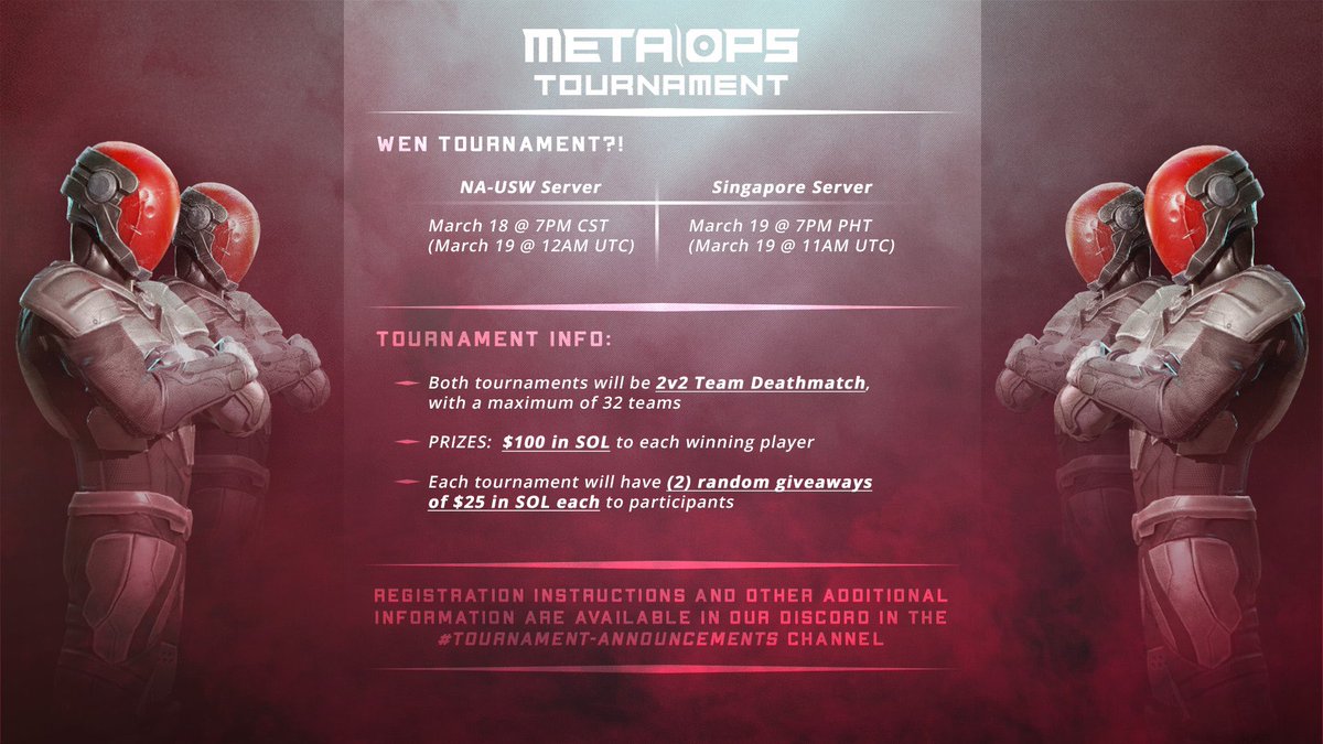 MetaOpsGaming's tweet photo. Gm MetaOps Fam👋 Happy Friday‼️ It’s a beautiful day to have a tournament🏆 

If this post gets 7️⃣5️⃣ Retweets, we will live stream the final rounds on Twitter🤩

#NFTCommunity #Solana #MetaOps https://t.co/nqRrmJphoi
