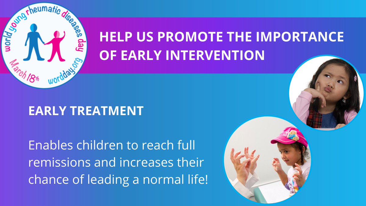 Help us promote the importance of early intervention!

Early diagnosis of #rheumatic diseases in children enables them to reach full remissions and increases their chance of leading a normal life.

Support #WORDDay2022: wordday.org/about-word-day/

#KidsWithArthritis 
#JIA
#Lupus