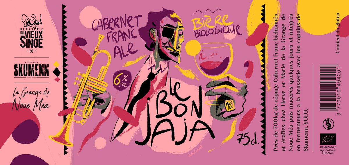 vxsinge's tweet photo. Sortie de « Le Bon JAJA », Cabernet Franc Ale.

~700kg de raisin (Cabernet Franc) bichonnés et éraflés chez Hervé et Marie de La Grande de Noue Méa, puis macérés quelques jours et intégrés en fermenteurs chez nous, avec les copains de @Skumenn . https://t.co/S1dxBpvf1s