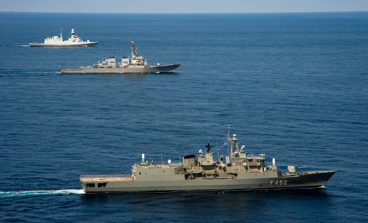 From left to right, the Italian Navy Carlo Bergammi-class frigate ITS Antonio Marceglia (F597), the guided-missile destroyer USS Gonzalez (DDG 66) and the Hellenic Navy Hydra-class Greek frigate HS Hydra (F 452) transit the Ionian Sea in formation, Mar. 17, 2022. The Harry S. Truman Carrier Strike Group is on a scheduled deployment in the U.S. Sixth Fleet area of operations in support of U.S., allied and partner interests in Europe and Africa. (U.S. Navy photo by Mass Communication Specialist 3rd Class Bela Chambers)