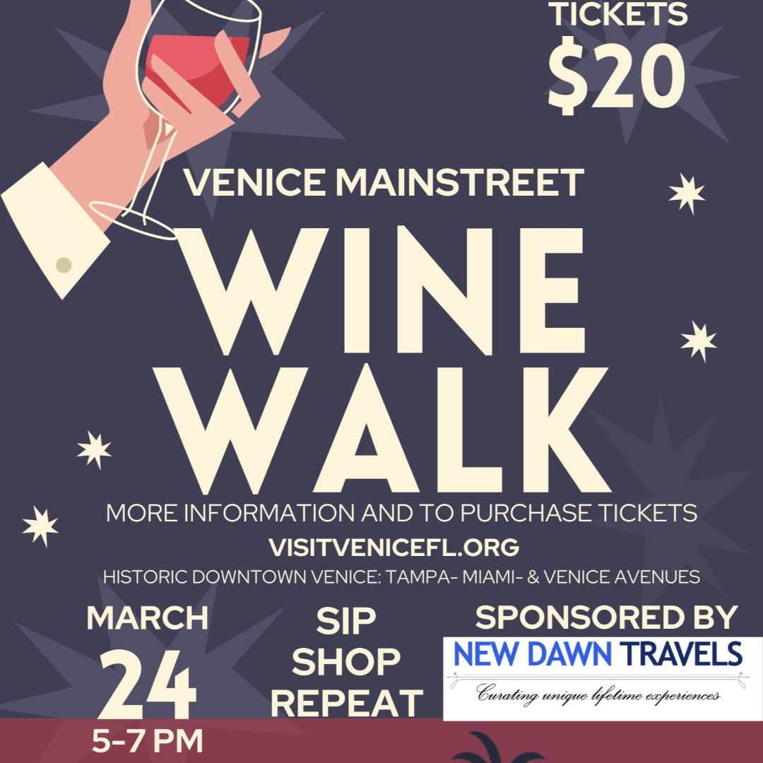 VeniceMainSt's tweet photo. Sip your way through Downtown Venice during the March 24th Wine Walk from 5-7pm! Brought to you by Venice MainStreet and sponsored by New Dawn Travels.
Get event details at https://t.co/pz5IRaP30f .
Reserve your wristband tickets here: https://t.co/12LHYFro0e https://t.co/8WOadImnPu