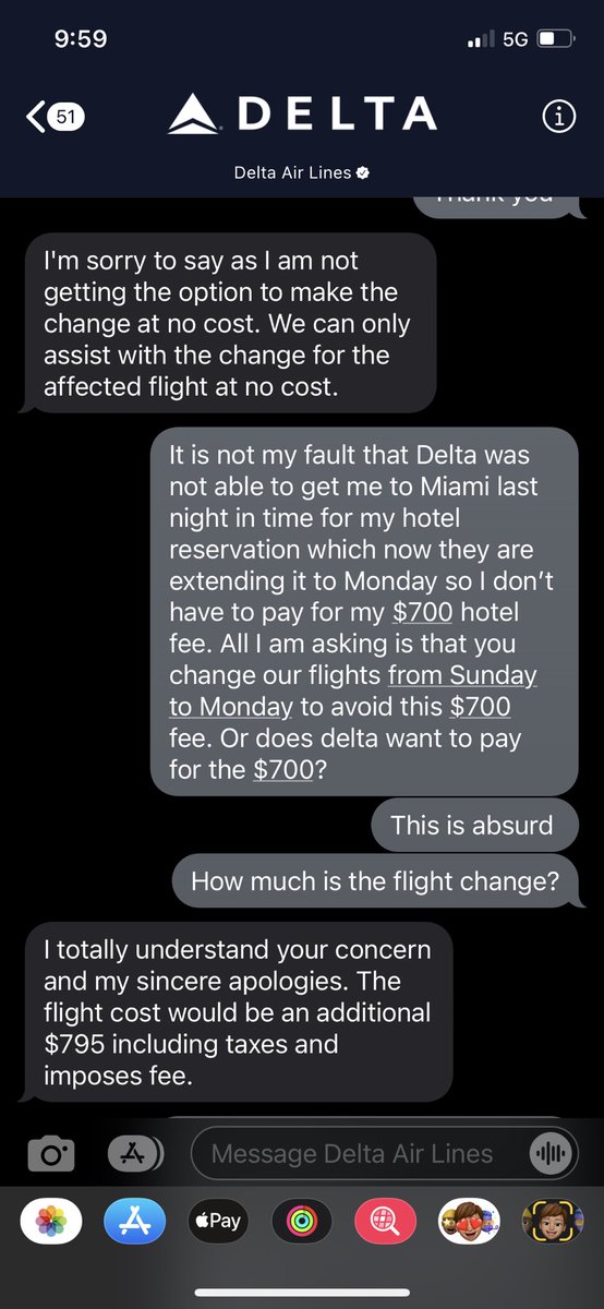 a_ruzza6's tweet photo. @Delta what kind of customer service is this? You have ruined my only vacation that I get by canceling our flights yesterday and now you can’t even move my return 1 day after to avoid paying $700 hotel booking fee that was affected by your cancellation? HELP. https://t.co/ohbXrrpjEp