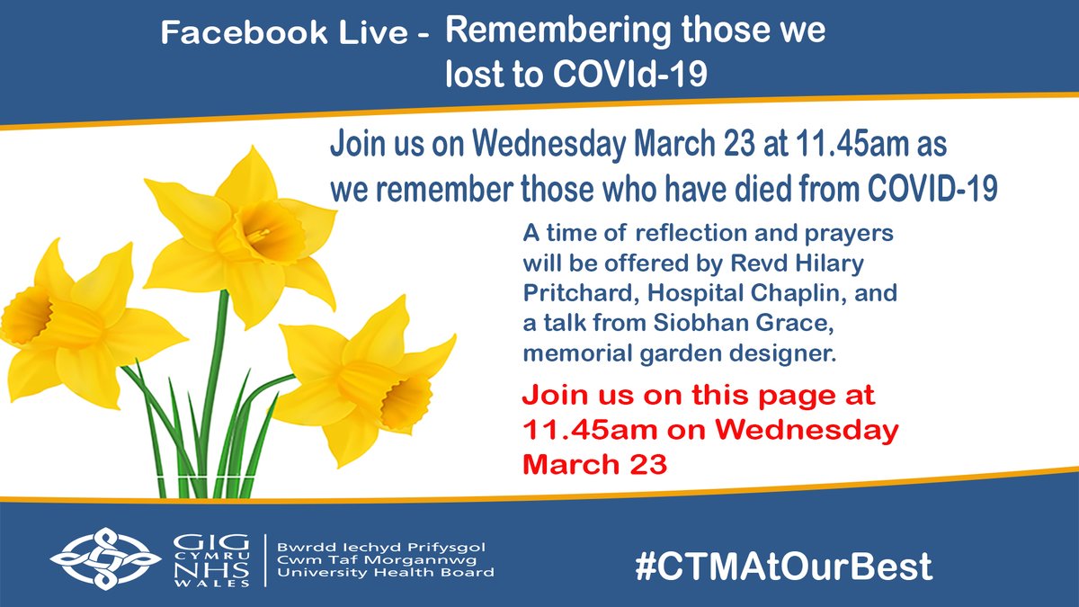 CwmTafMorgannwg's tweet photo. Facebook Live | Remembering those we lost to COVID-19
Today (March 23) at 11.45am, we will be going live on Facebook to offer reflection and prayers on the two year anniversary of the COVID-19 pandemic in Wales.  Please use the link below to join us  
https://t.co/EDL9sp8yxQ https://t.co/SGn3LaGdRk