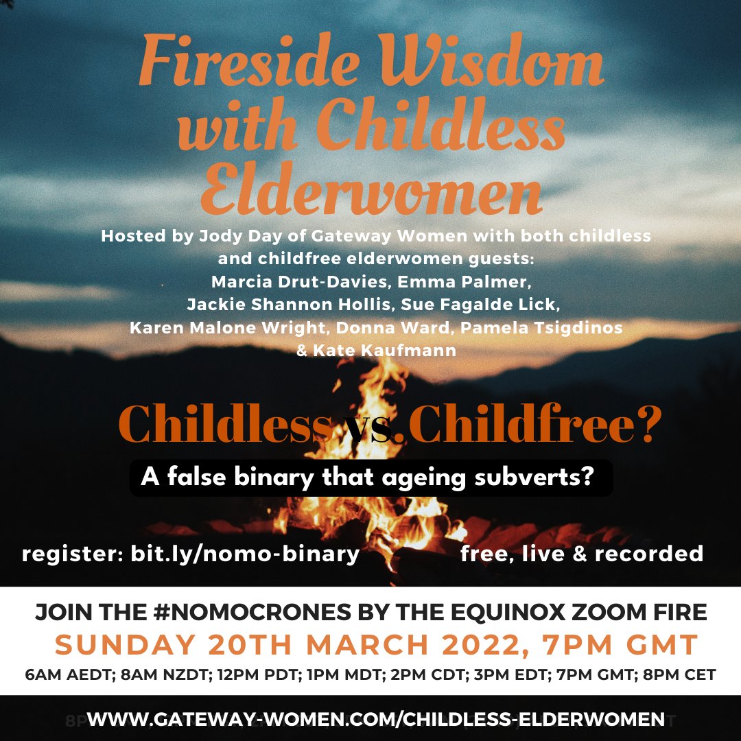 KaufmannKate's tweet photo. Can you join us? Sun March 20th #NomoCrones will gather around the Zoomfire as we explore the issue of whether #Childless #Childfree is a binary that age softens? Free, live &amp; recorded at 12pm PDT; 1pm MDT; 2pm CDT, 3pm EDT; 7pm GMT; 8pm CET. https://t.co/lEwk7mTjvD #AWOC https://t.co/iC3uz2nYOa