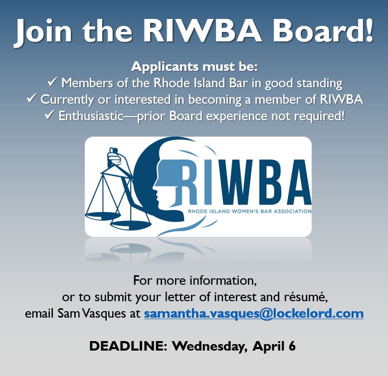 RIWomensBar's tweet photo. There are currently two openings on our Board for the 2022-2023 term! Please apply by 4/6/22. https://t.co/sx4a9Ll1vT