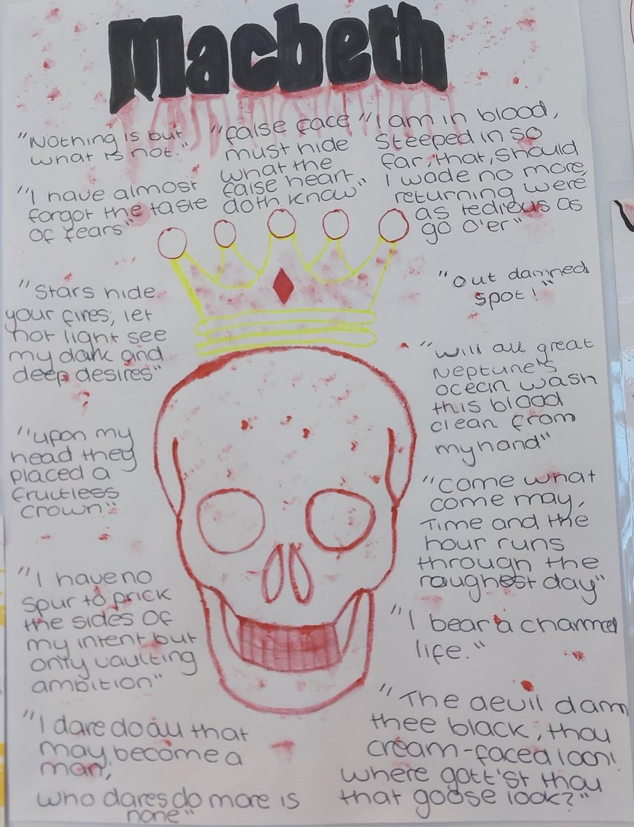 gorse_ruth's tweet photo. In English - our Year 10 students have been getting creative whilst learning about the key characters and quotes from Macbeth! These look fantastic and Miss Wilcox can’t wait to display them in her room! #doubledoubletoilandtrouble #macbeth #Shakespeare https://t.co/vP3SR5o5Rn