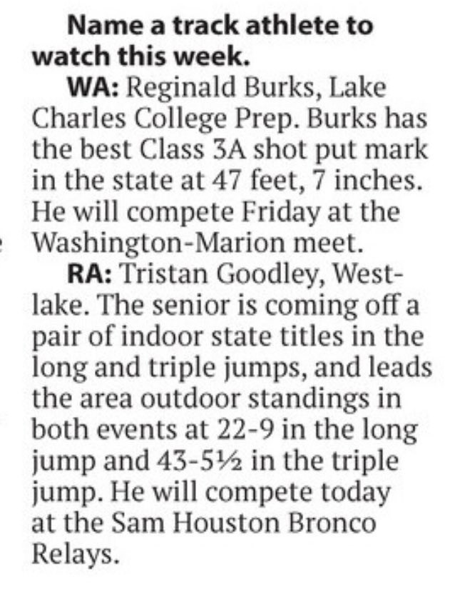 LCCPTrack_Field's tweet photo. Track Athlete to watch this week in SWLA : LCCP thrower @ReginaldBurks71 , go get them today big fella‼️ https://t.co/Rcg6VB6v3s
