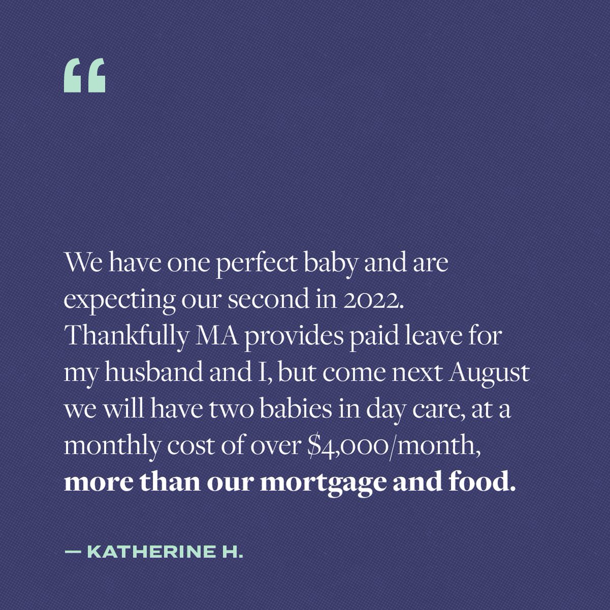 ewarren's tweet photo. Katherine isn’t alone. In many places across the country, child care costs more on average than housing, food, &amp; college tuition. Democrats have a plan to make sure families do not pay more than 7% of their income on child care. Let’s pass it. Now. https://t.co/Gr0BI6XHwv