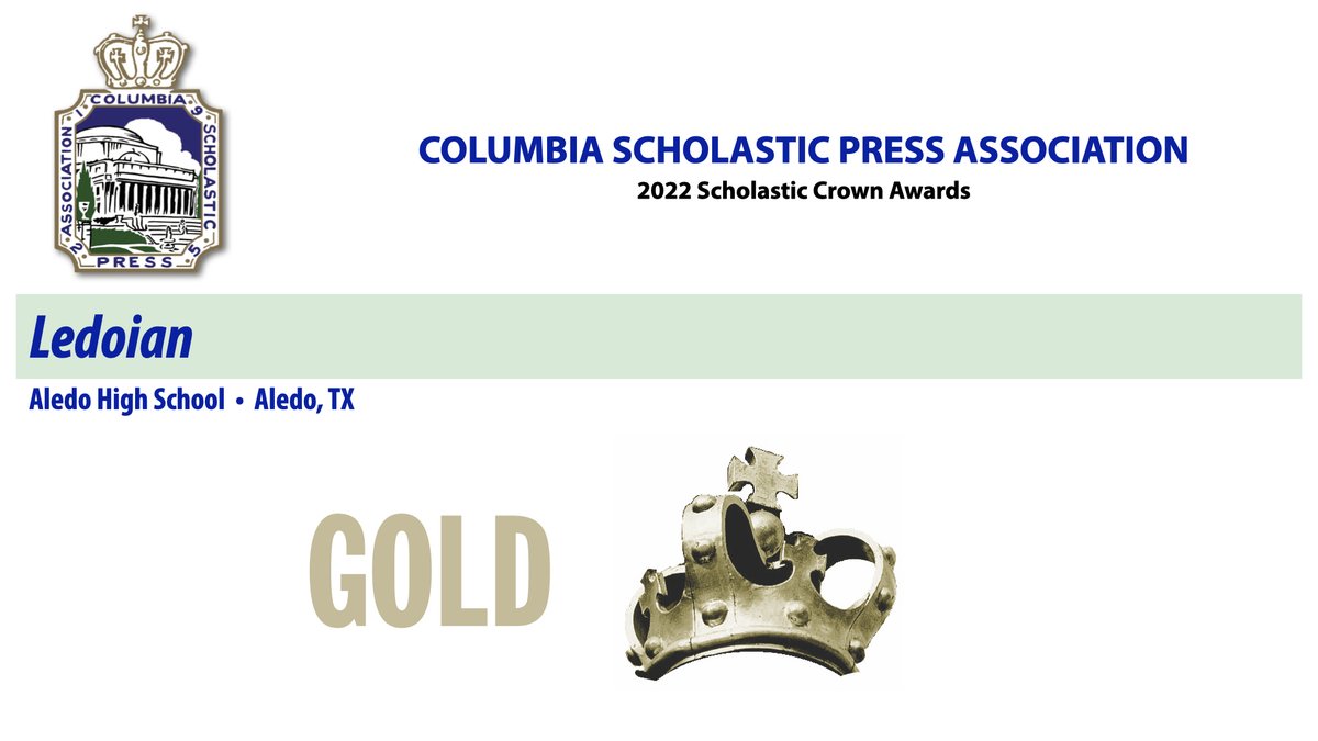 Congratulations to the 2022 CSPA Crown recipient for High School Print Yearbook, Ledoian, Aledo High School, Aledo, TX. More info at cspa.columbia.edu #cspacrowns