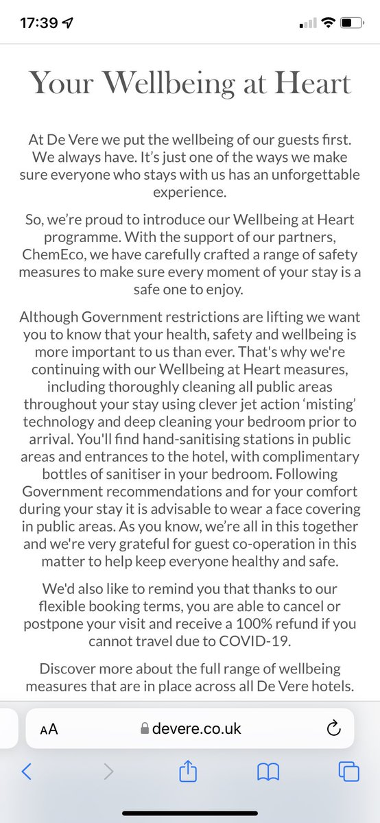 Ceeds88's tweet photo. Disappointing from @devereofficial Totworth Court - boast flexible booking terms re covid but when we had to cancel due to positive covid tests today for our stay tomorrow - told too late for refund as it was after 2pm (it was 5pm not that the below info on website states this) https://t.co/FCt5Ru45Fv